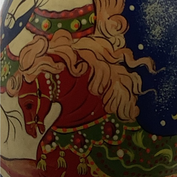 Vintage Hand Painted 5 1/2” Christmas Egg Featuring Santa and Horse Drawn Sled - Picture 8 of 13